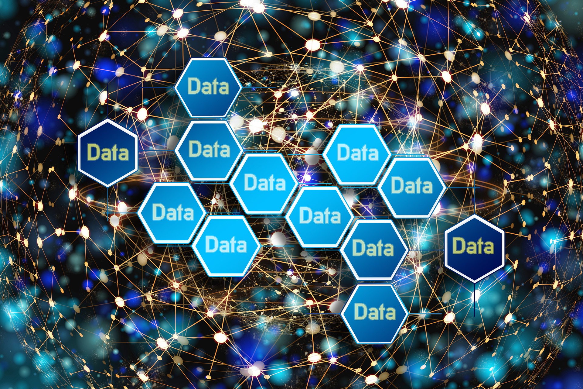 a galaxy of blue hexagons with the word "data" inside of them